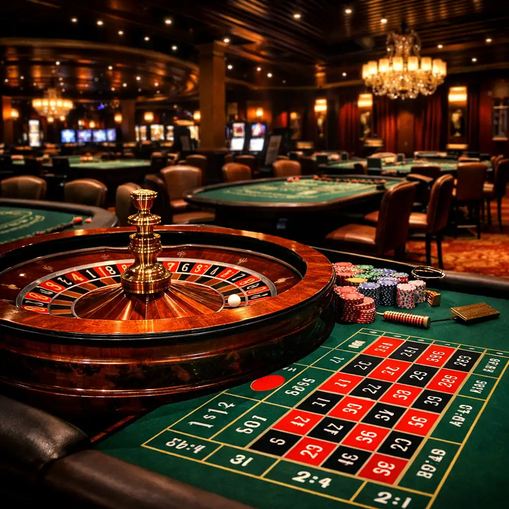 Casino floor with roulette and blackjack tables under warm lighting