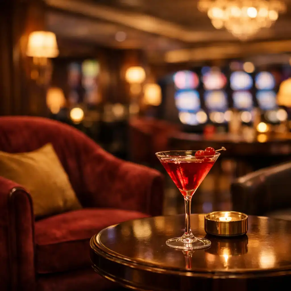 Luxurious casino lounge with seating and a cocktail