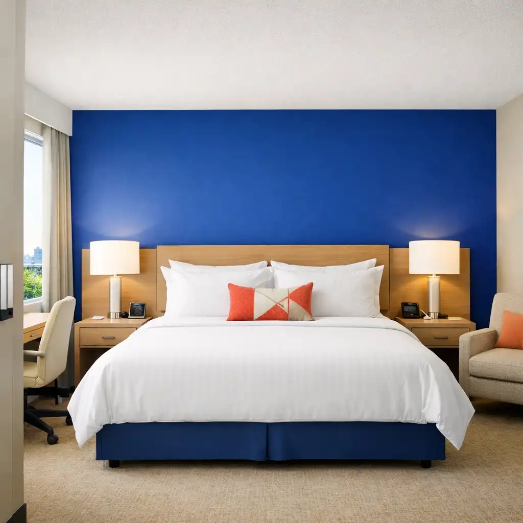 A bright modern hotel room with a king bed, white duvet, and a cobalt blue accent wall