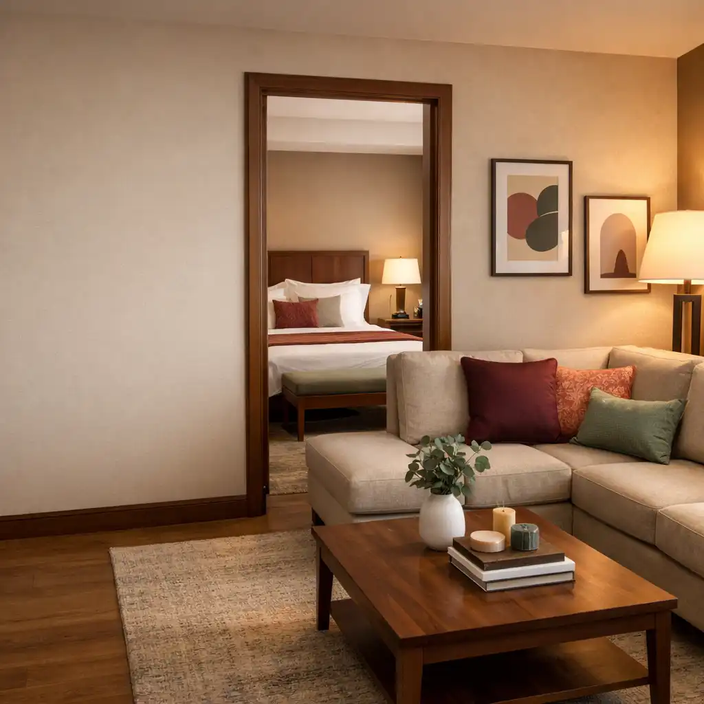 A spacious hotel suite living area with a comfortable sofa, coffee table, and a separate bedroom visible through an open door