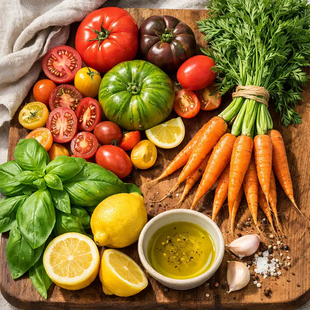 Fresh seasonal ingredients including tomatoes, basil, lemons, and carrots on a wooden board