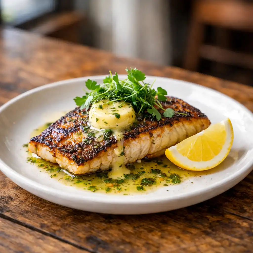 Grilled barramundi fillet with lemon myrtle butter and fresh herbs