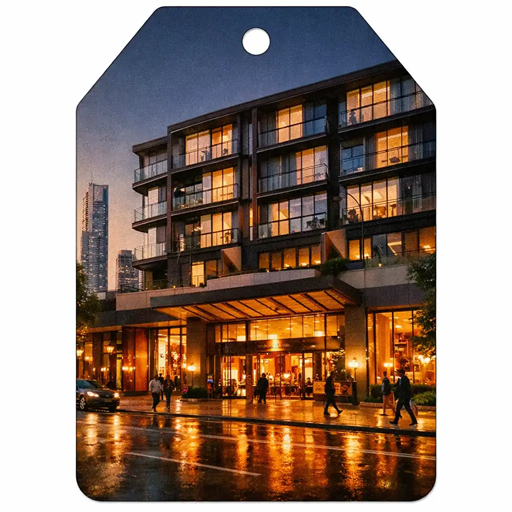 Modern exterior of Royal Prize Club hotel in Southbank at dusk with warm lobby lighting