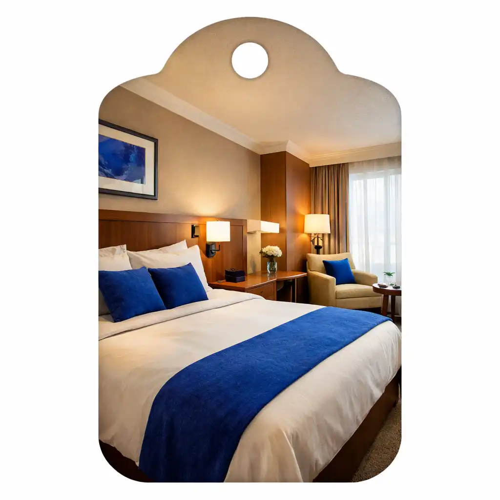 Luxurious hotel room with king-size bed, warm wooden accents, and soft natural light