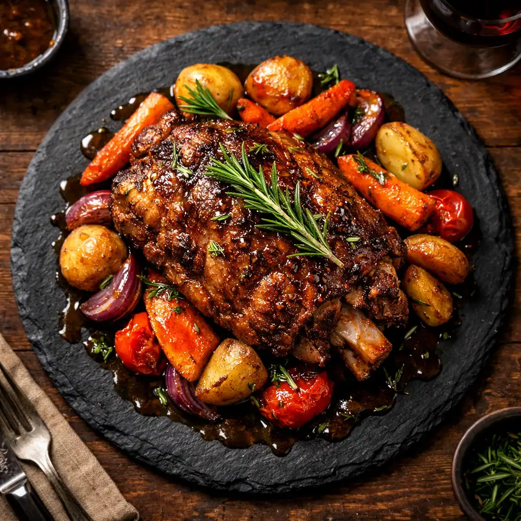 Slow-cooked lamb shoulder with rosemary jus and roasted vegetables