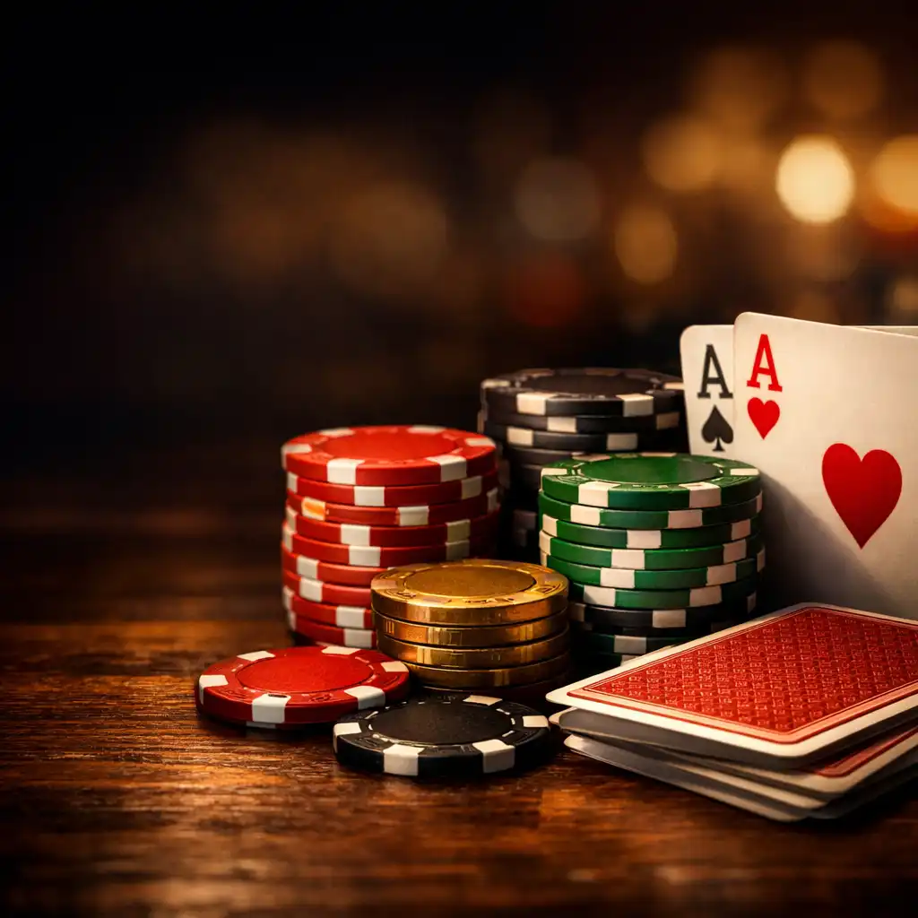 Close-up of poker chips and playing cards on a dark wooden table
