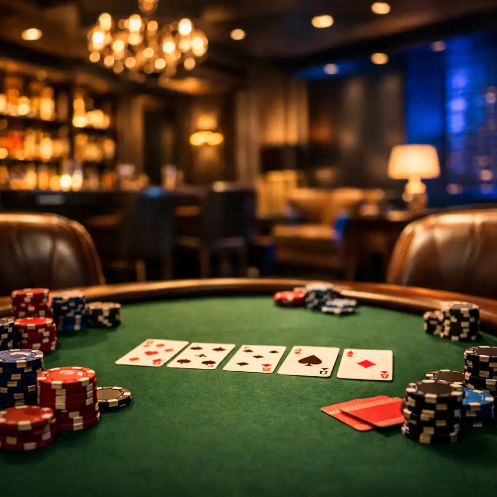 A luxurious poker table with cards and chips in the Royal Prize Club Poker Room