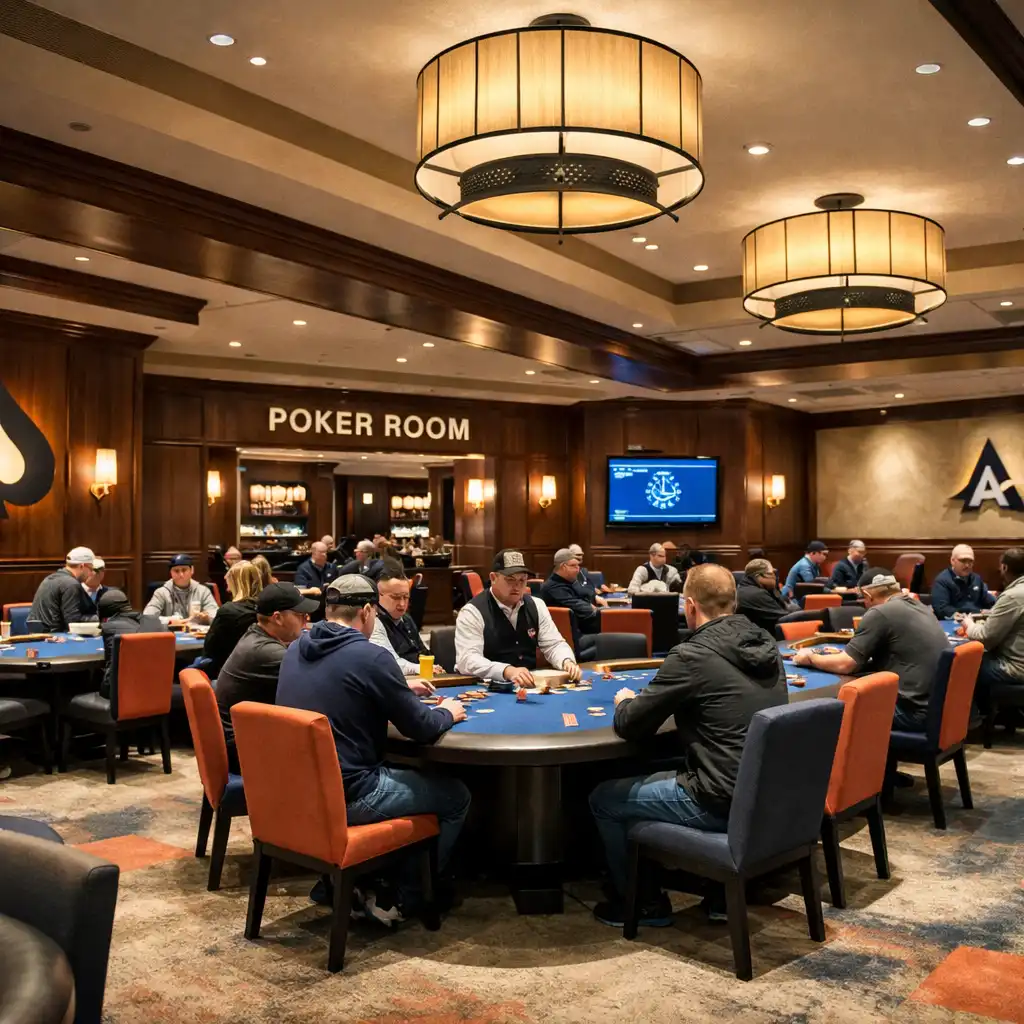 Wide-angle view of the sophisticated Royal Prize Club Poker Room interior with multiple tables