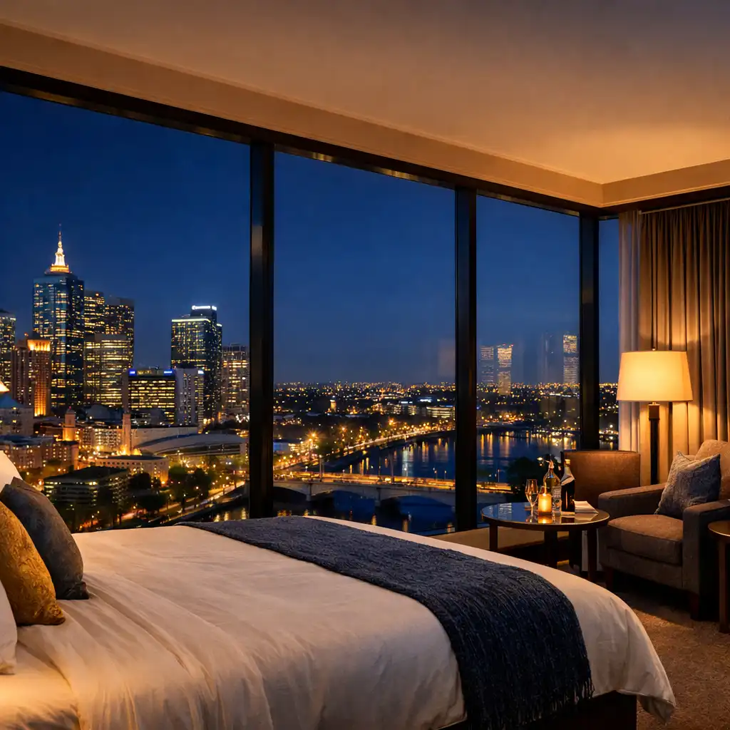 A premium hotel suite with floor-to-ceiling windows offering a panoramic view of the Melbourne city skyline at night