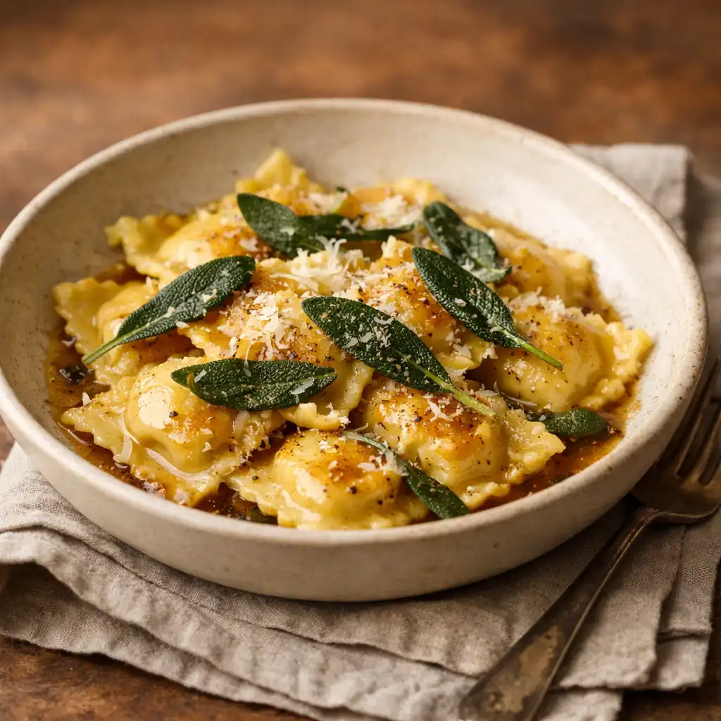 Roasted pumpkin and ricotta ravioli with sage brown butter and parmesan