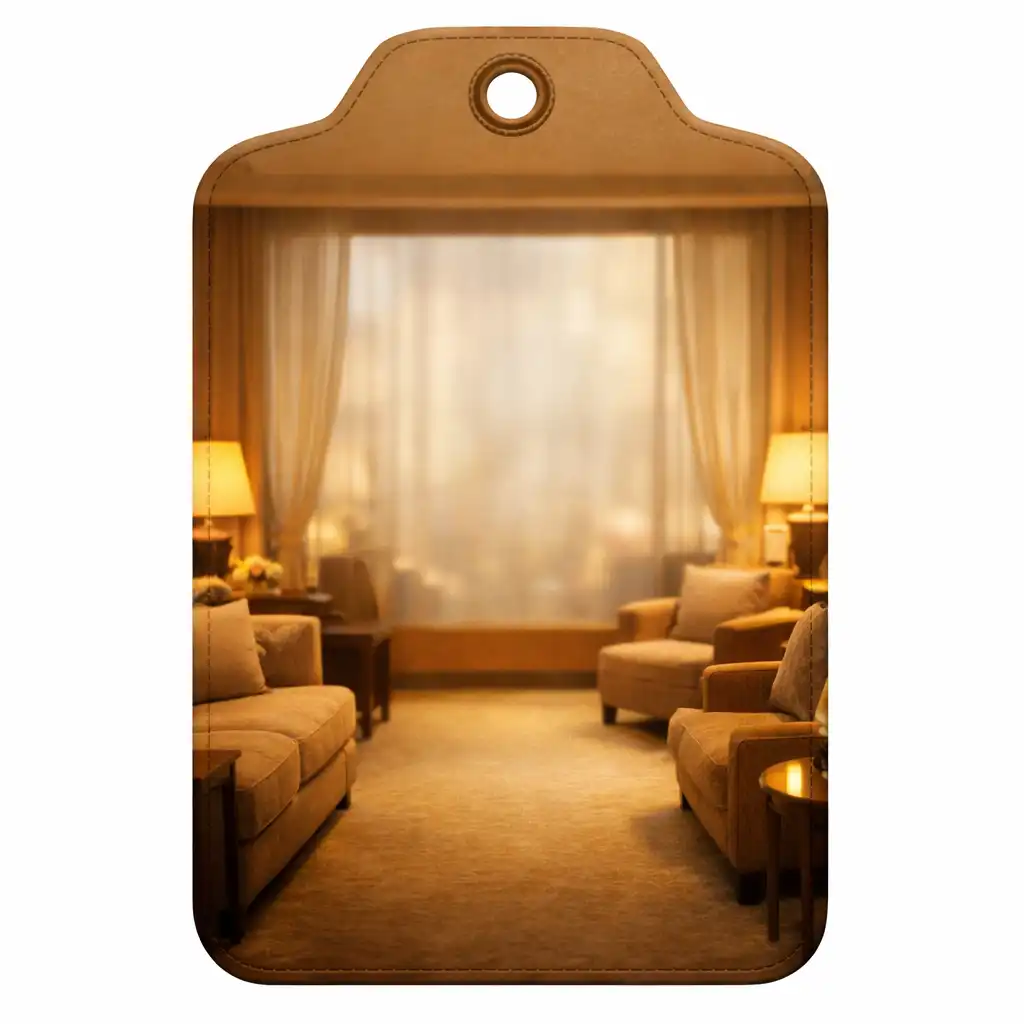 Serene hotel lounge with warm lighting and comfortable seating