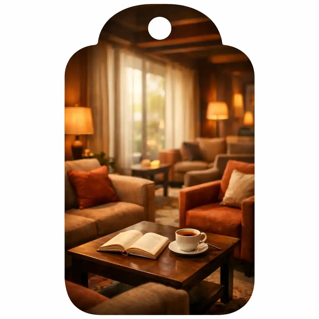 Cozy relaxation lounge with comfortable sofas, warm earth tones, and soft lighting