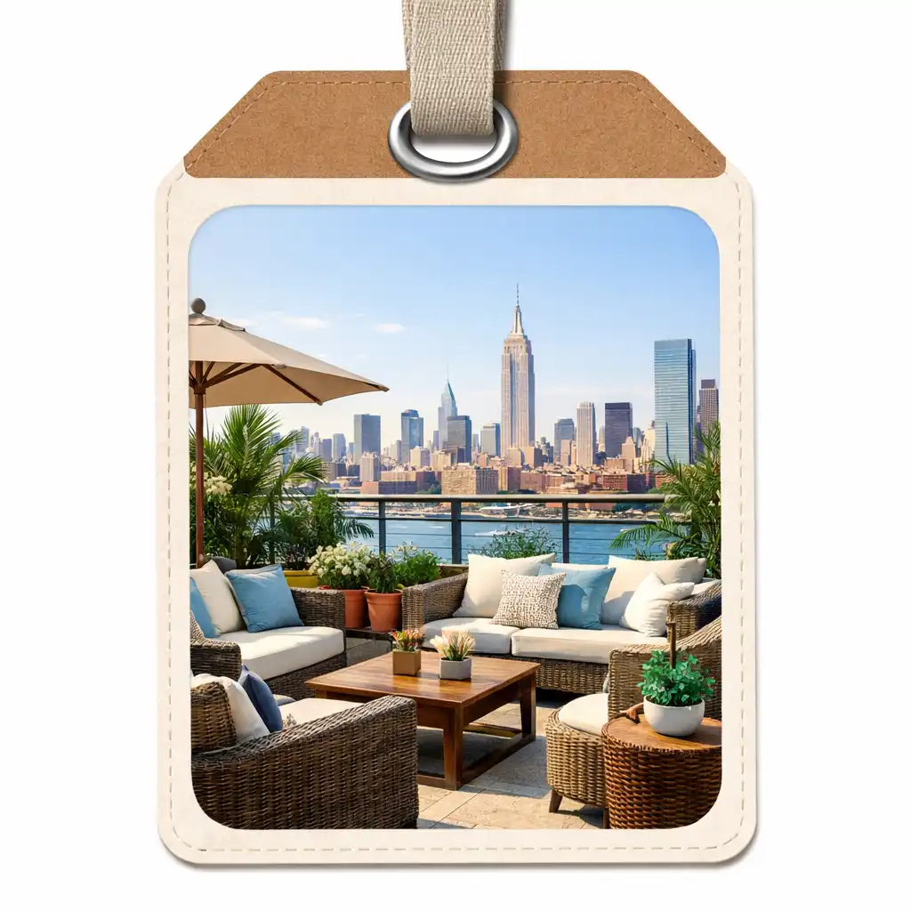 Outdoor terrace with comfortable seating and city skyline view