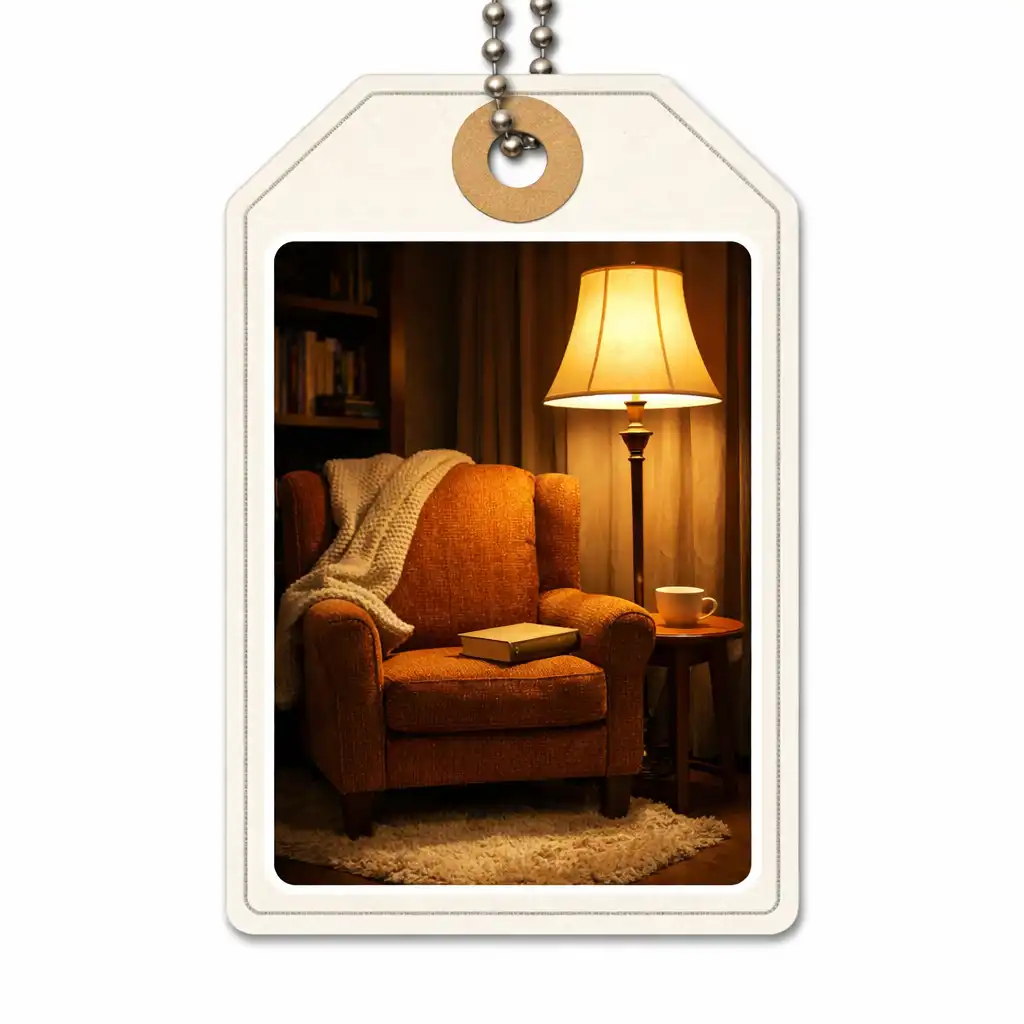Cozy reading nook with armchair, side table, and warm floor lamp
