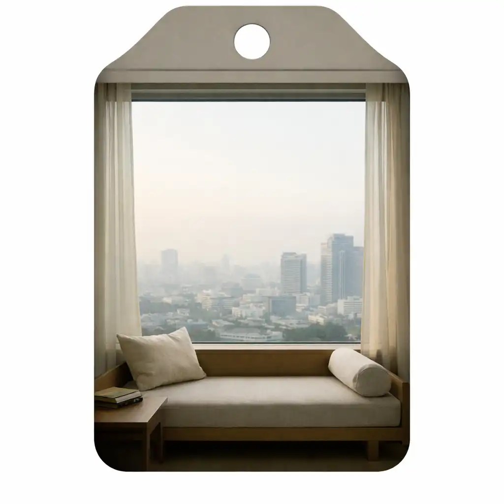 Minimalist reflection space with bench and large window