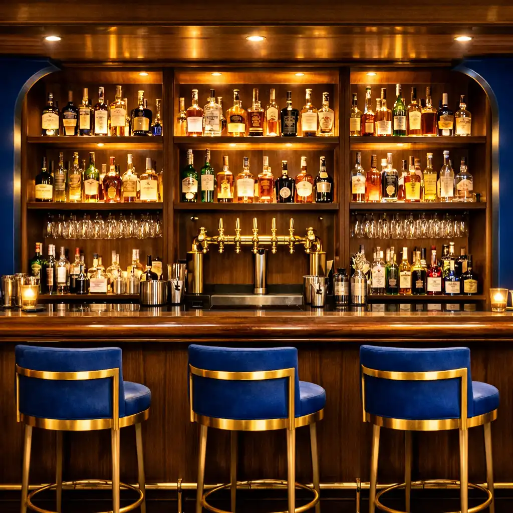 The Dining Room bar with polished wooden counter and backlit shelves