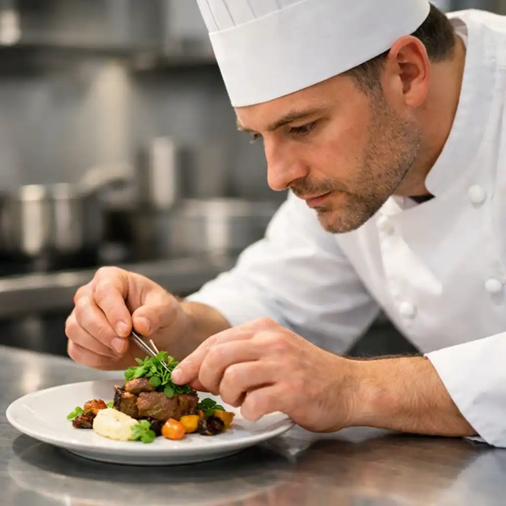 Chef carefully plating a dish in the open kitchen