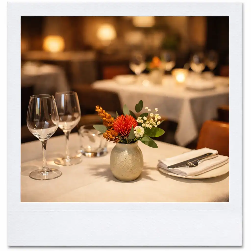 A set table in The Dining Room with white linens, wine glasses, and native Australian flowers