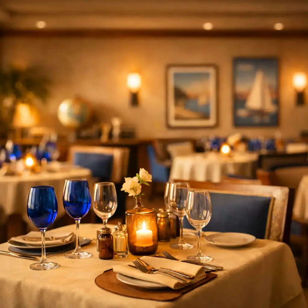 Warm and inviting dining room at Royal Prize Club with elegant tables set for dinner