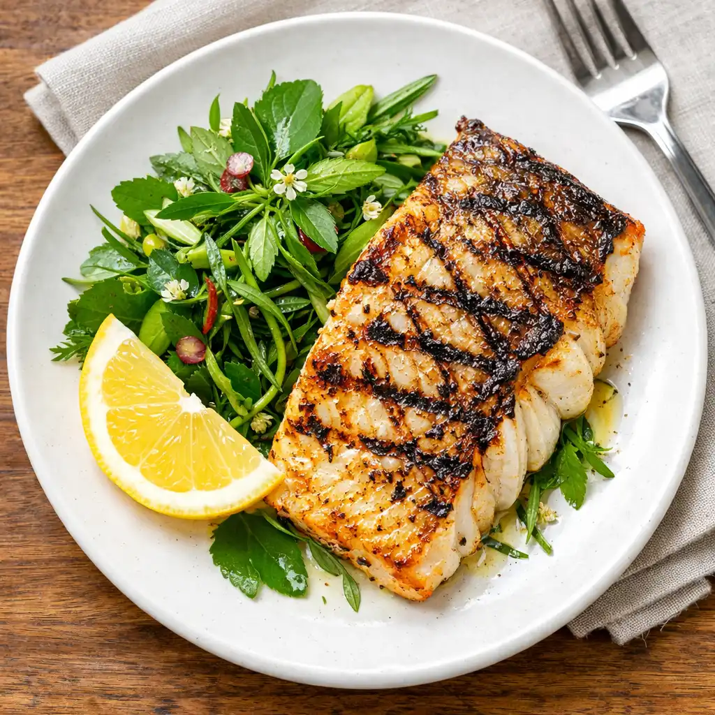 Grilled barramundi with native herb salad on a white ceramic plate
