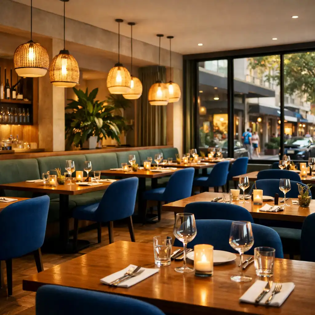 Elegant interior of The Dining Room at Royal Prize Club with warm timber tables and cobalt blue chairs