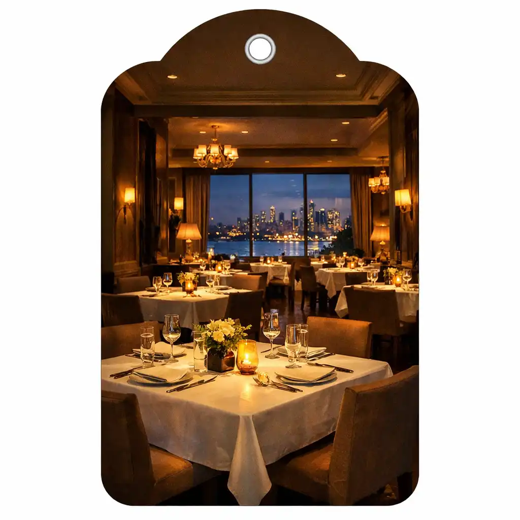Elegant restaurant interior with tables set for dinner and warm ambient lighting