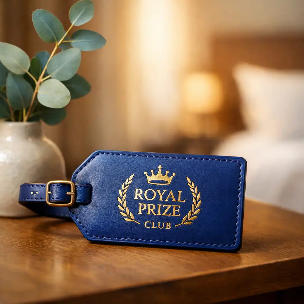 A leather luggage tag with the Royal Prize Club logo resting on a bedside table next to a vase with eucalyptus leaves