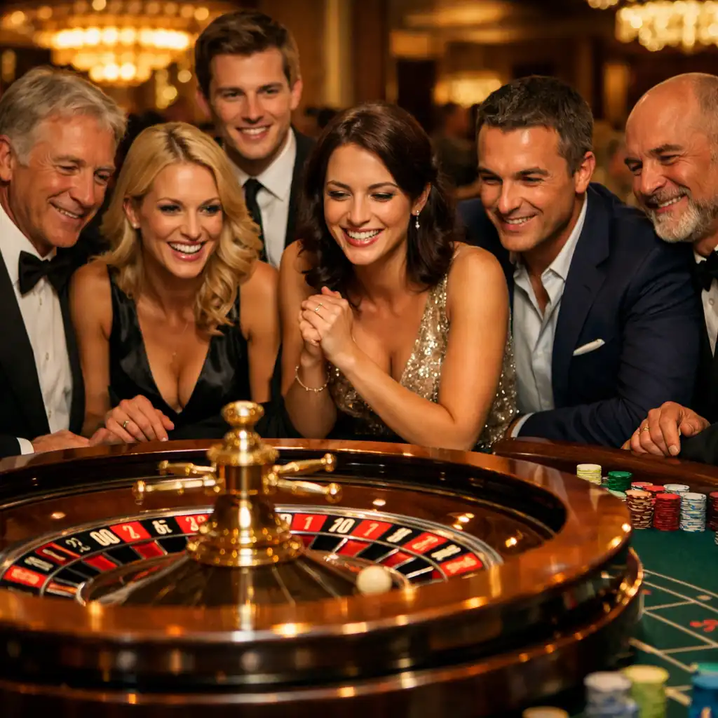 Elegantly dressed guests gathered around a roulette table, watching the wheel spin with anticipation