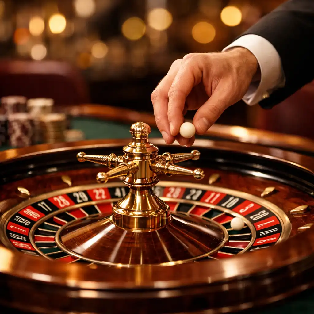 A luxurious roulette wheel on an elegant casino table, with a croupier's hand placing the ball