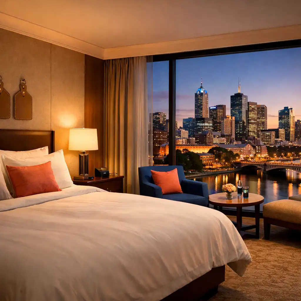 A luxurious hotel room with a king bed and a large window overlooking the Melbourne skyline at dusk